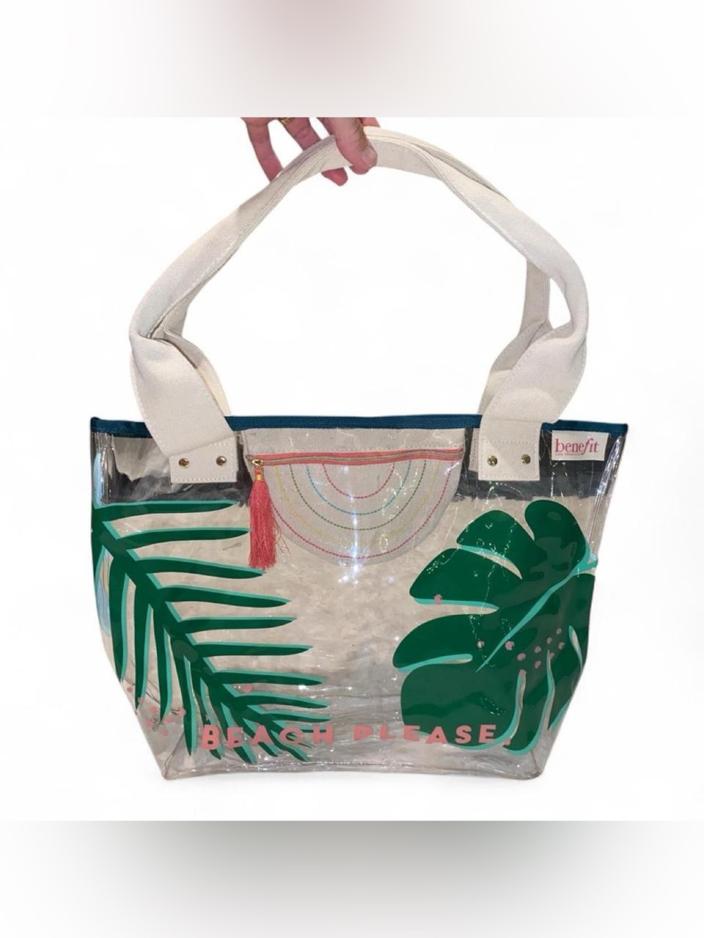 Benefit Clear Tote Bag - White, Green & Pink
